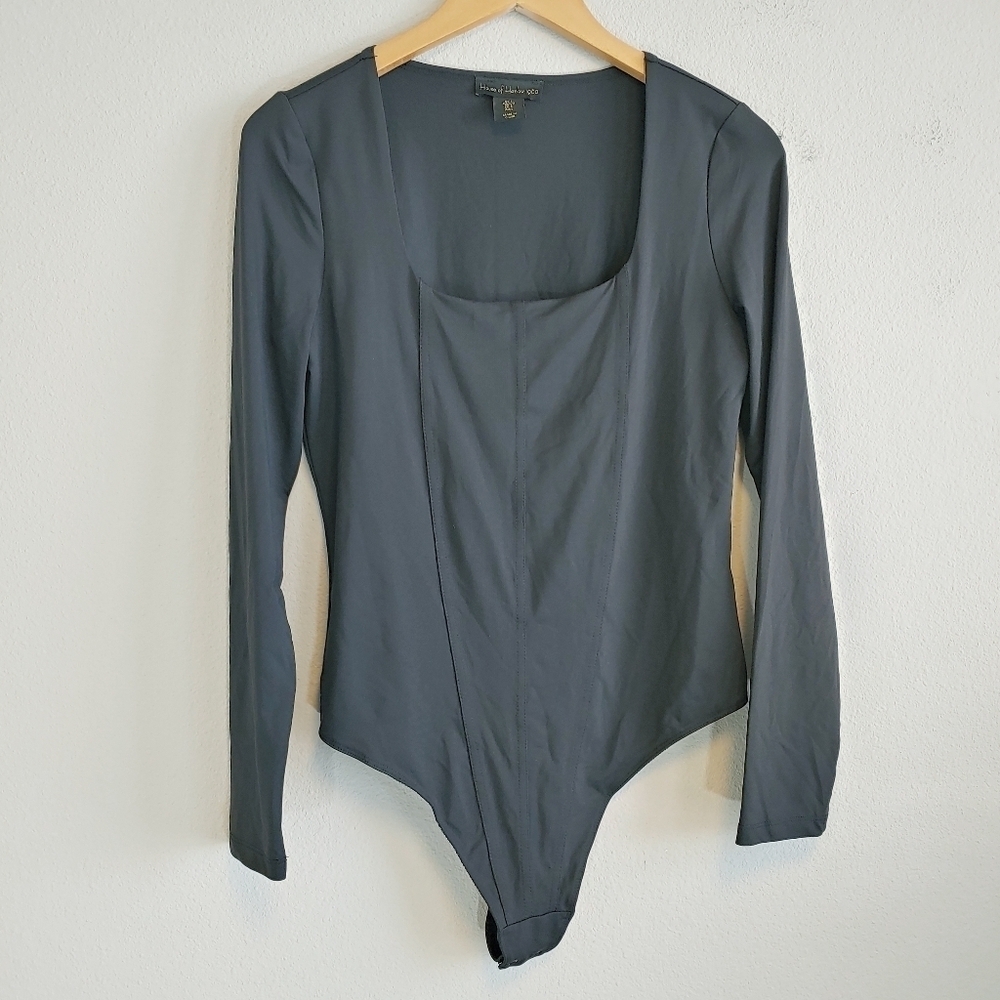 House of Harlow 1960 Black Square Neckline Long Sleeve Bodysuit Sz L Classic